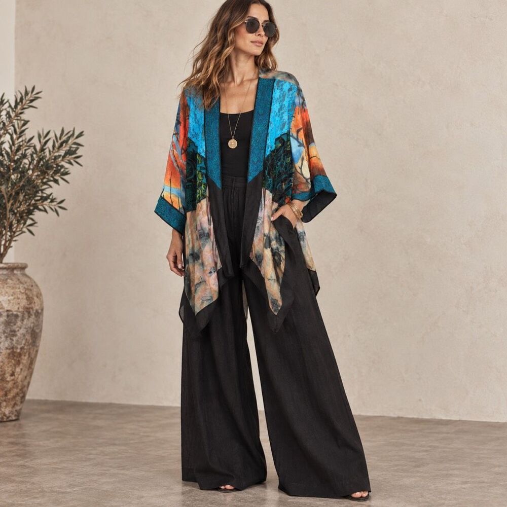 Sterling Styles Womens Multicolor Semi-sheer Artsilk Kimono Cardigan One Size S